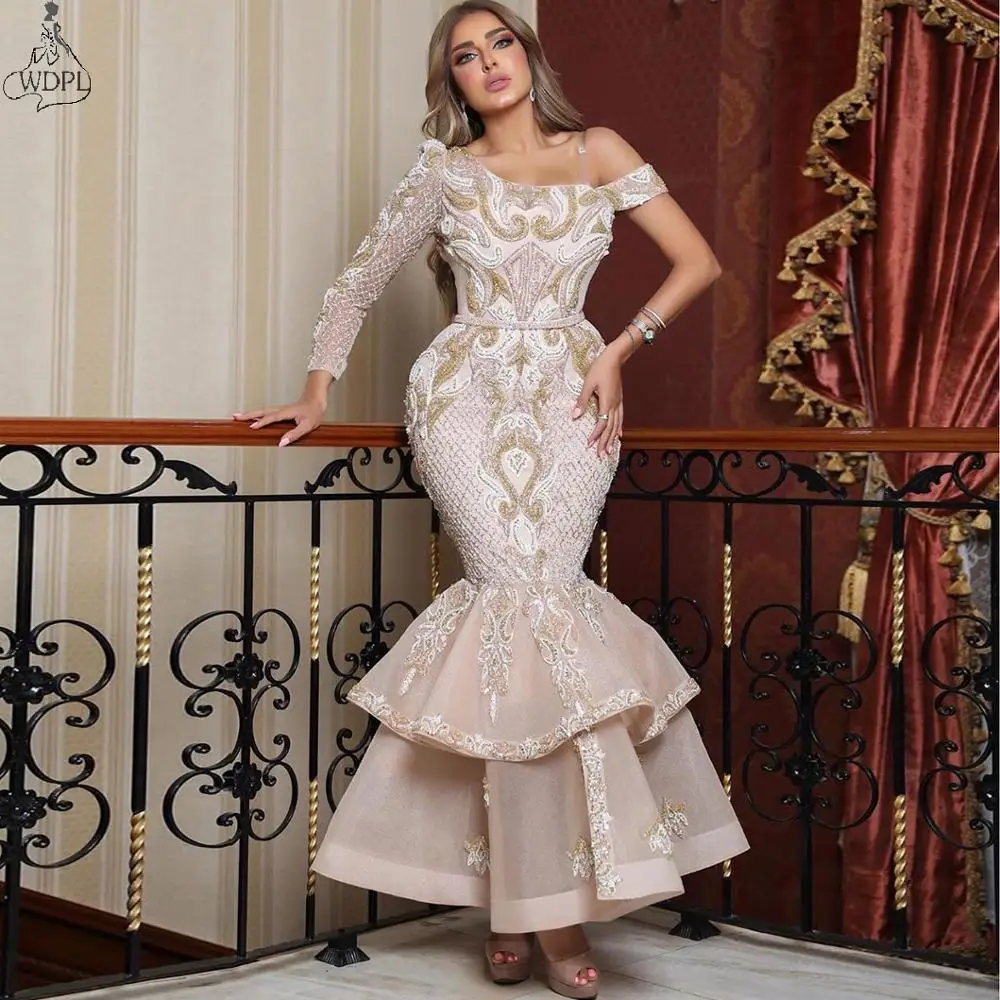 Saudi Arabia Fashion Mermaid Evening Dress Lace One Shoulder Long Sleeves Prom Dresses Middle East Ankle Length Formal Gowns