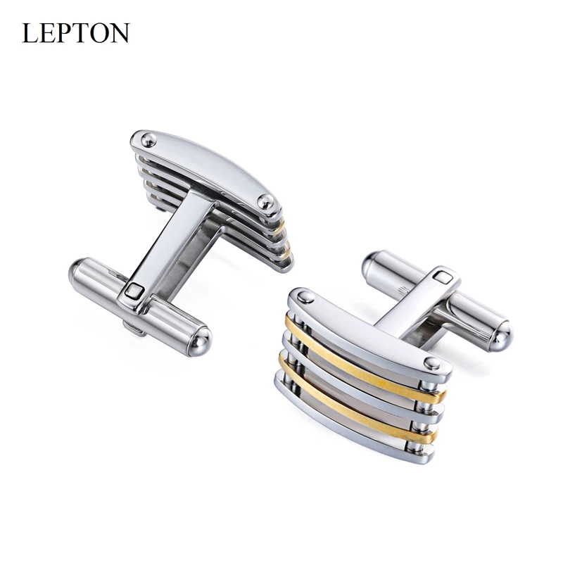 Lepton Silver & 18K Gold Color Cuff Links Stainless Steel Cufflinks for Men Wedding Business Father Day Birthday Gifts Cufflink