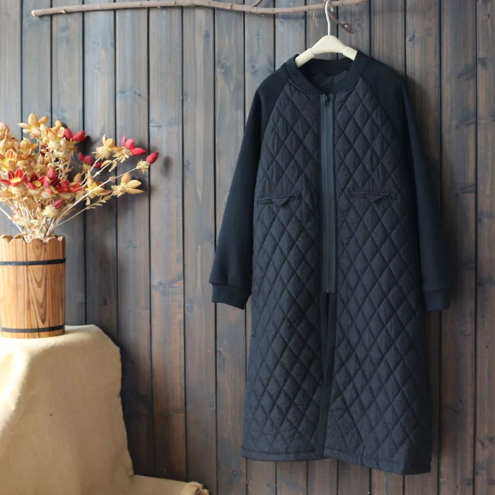

3504 Special Offer New Style Large Size Winter WOMEN'S Dress Simple Thick Rhombus Joint Stand Collar Long Cotton-padded Clothes