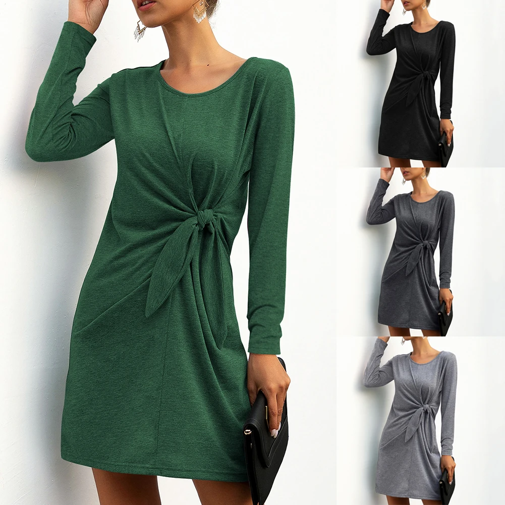 

Women Cotton Dress Long Sleeve Twist Knot Short Dresses Casual Round Neck Solid Slim Fit Pencil Dress Office Clothes