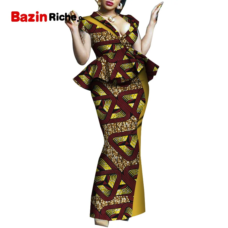 Африканский Дашики Женская традиционная одежда Базен принт плюс размер костюмы африканские платья для женщин костюм 2 шт. юбка комплект WY5108