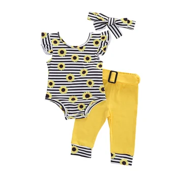 

Sunflower Newborn Set Pudcoco Baby Girls Stripe Romper + Pants + Headband 3Pcs Summer Baby Clothes Set
