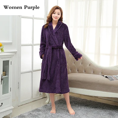 Women Purple Распродажа, толстый теплый зимний халат для влюбленных, мужской, мягкий, как шелк, удлиненное кимоно, банный халат, мужской халат для мужчин, фланелевые халаты - Цвет: Women Purple