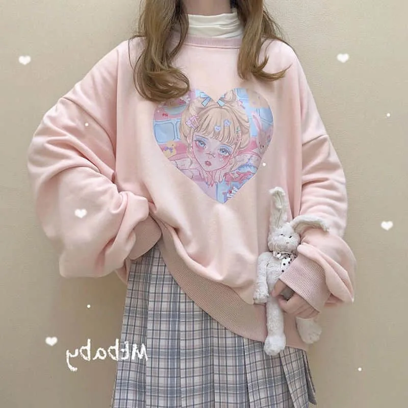 

Осенне-зимний Женский свитшот, тонкий японский мягкий свободный розовый свитшот в стиле колледжа для девушек с любовным принтом