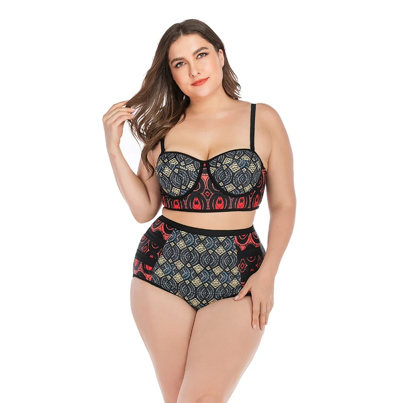  Lady Plus Size 4XL Swimsuit Beach Swimming Suit Women Tankini Printed Strappy High Waist Swimwear B