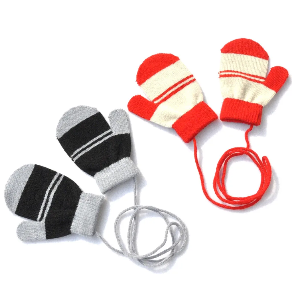 Kids Gloves Mittens Children Winter Warm Multicolor Striped Knitted Cute With String Gloves Rekawiczki Dzieciece W1106
