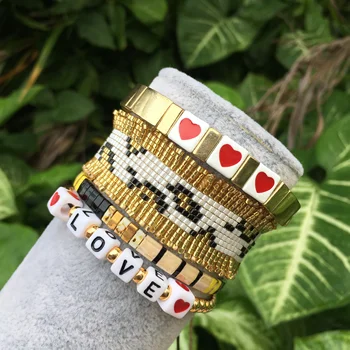 

LOVE Heart-Shaped Pattern ,Gold Combination Bracelet,Metal Block Bracelet Stretch ,Beading Form A Letter .
