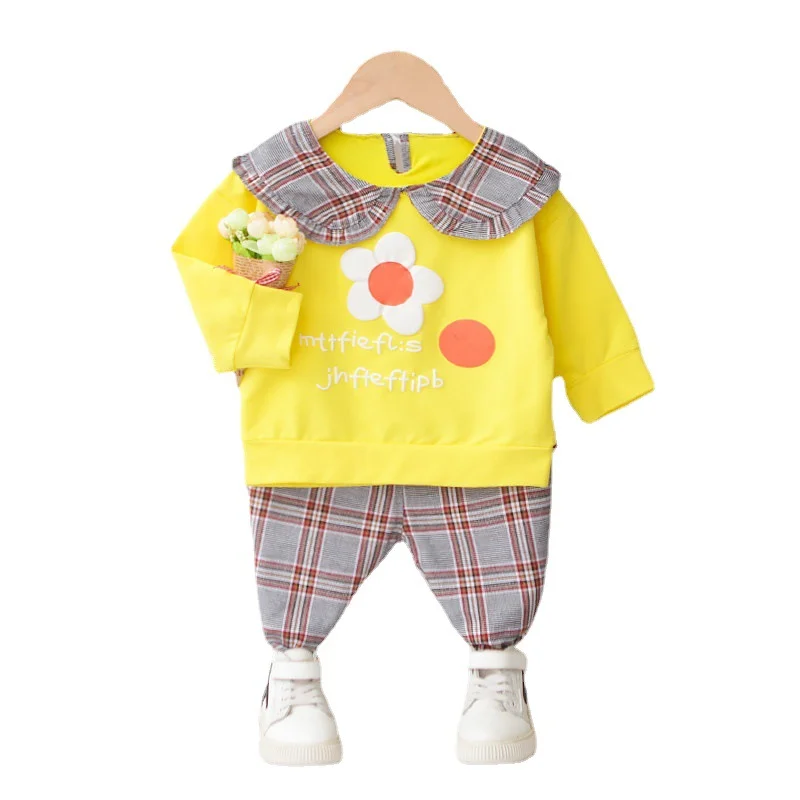 

Новинка, модная весенне-осенняя одежда для маленьких девочек, костюм, детская клетчатая футболка и брюки, 2 шт./компл., повседневная одежда для малышей, детские спортивные костюмы