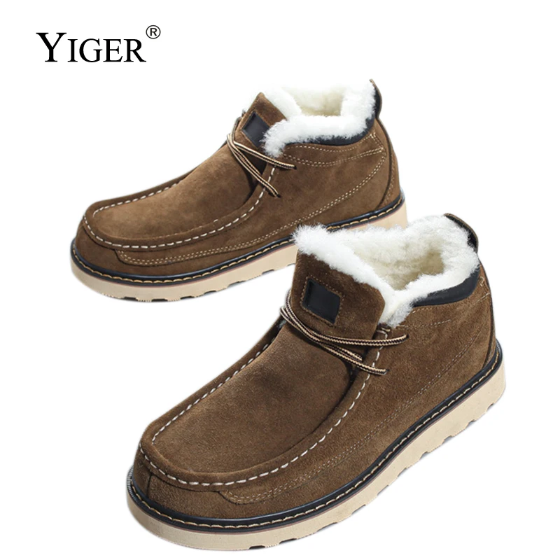 

YIGER Men's Snow Boots Winter warm wool Martins boots men Cowhide platform bread shoes Thick casual men's cotton boots