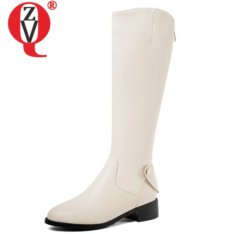 

ZVQ winter warm new concise knee high boots outside mid heels round toe zip genuine leather plus size women shoes drop shipping