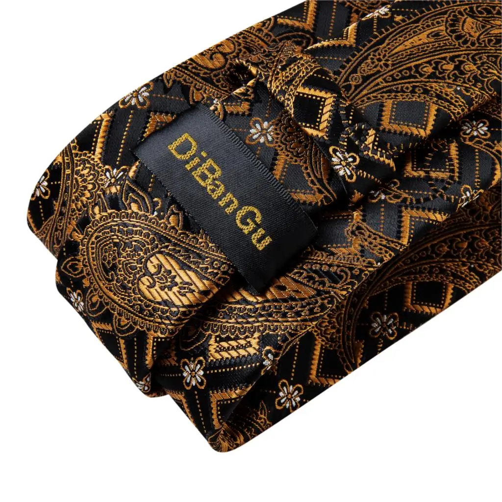 Gift Men Tie Gold Black Striped Paisley Silk Wedding Tie For Men DiBanGu Design Hanky Cufflink Quality Set neck tie