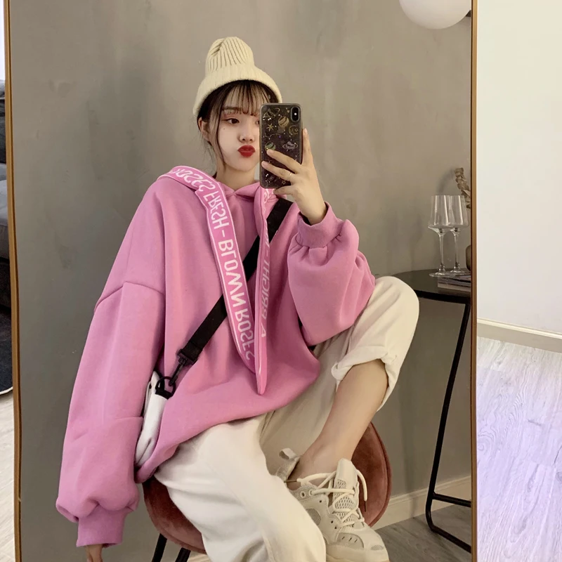 pink Зимняя Корейская толстовка с капюшоном плюс Вельветовая Толстая Толстовка с длинными рукавами женская модная свободная Милая винтажная Женская толстовка в стиле Харадзюку - Цвет: pink