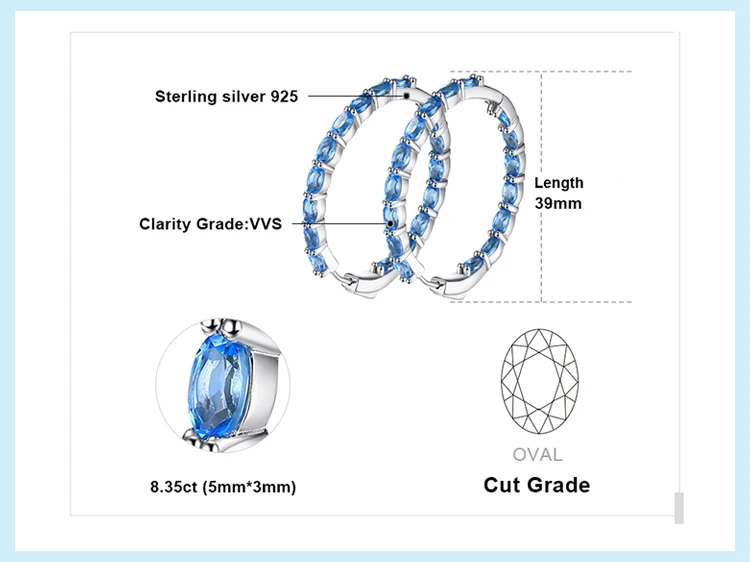 JewelryPalace огромный 13.5ct Природный Голубой топаз Хооп Серьги подлинной 925 пробы серебро 216 ювелирных украшений для Для женщин