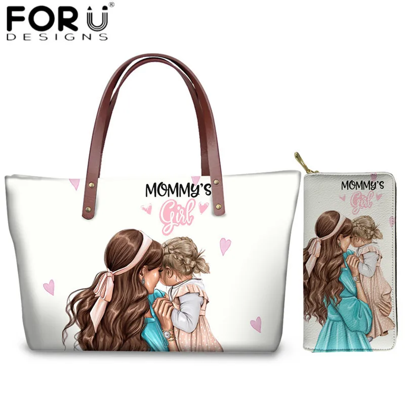 

FORUDESIGNS Black Brown Hair Baby Mom Girls Print Handbags Set Brand Design Travel Shoulder Bags for Women Large Top-handle Bag