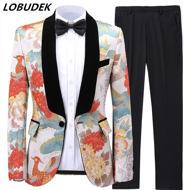 Мужской костюм 2 предмета шерстяная ткань жаккард смокинг блейзеры брюки набор