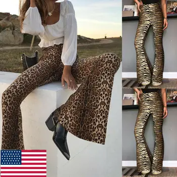

Hot Fashion Woman Tiger Print Long Trousers Flare Trouser High Waist Stretch Flared Bell Bottom Trousers