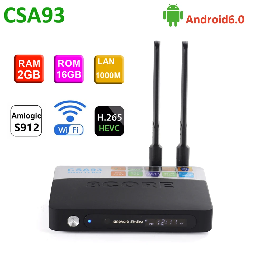 CSA93, приставка Android Tv Box Amlogic S912 Восьмиядерный 64-разрядный процессор 2 Гб оперативной памяти, 16 Гб встроенной памяти, 2,4G/5,8G двойной WI-FI LAN 1000 м Bluetooth4.0 4k HD H.265 Декодер каналов кабельного телевидения