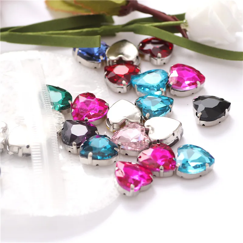 Heart Shape Sew On Rhinestones Crystal Glass With Silver Claw Sew on Stone for Clothing Accessories Shoes with Rhinestones