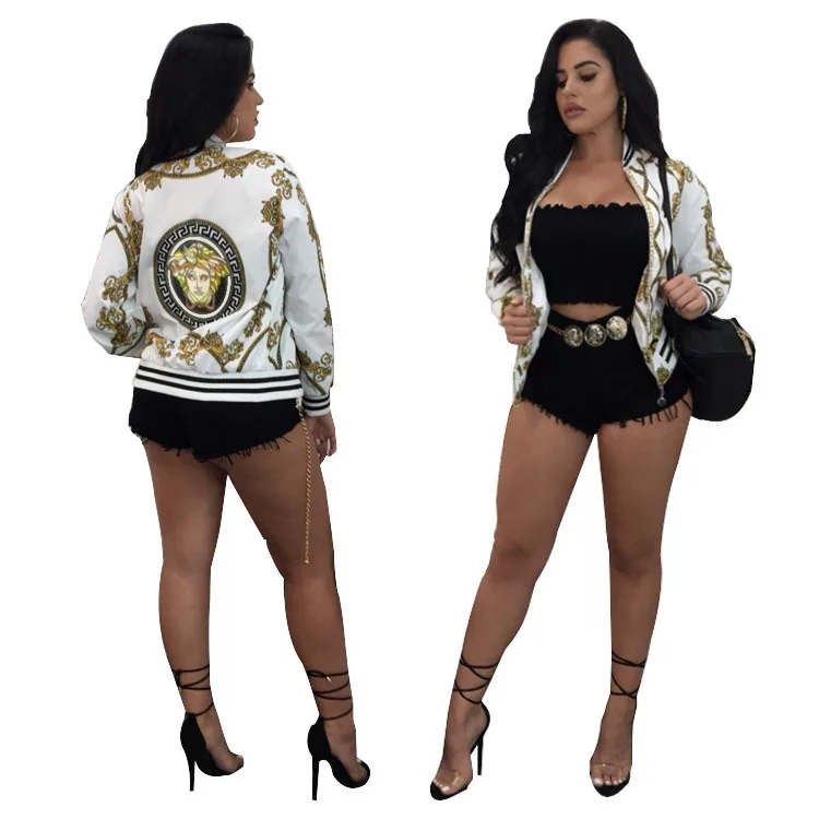 

Women Jacket Fashion Ladies Retro Floral Zipper Up Bomber Jacket 2019 Summer Long Sleeve Basic Plus Size Short Biker Jackets