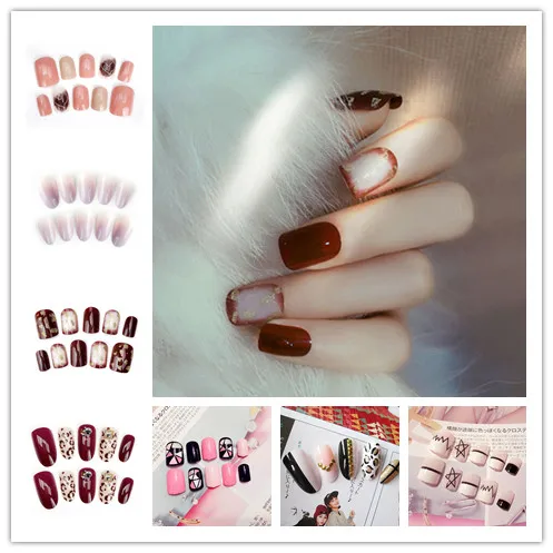 24Pcs/Set False Nails Leopard/Star/Gradient Color Design Nail Tips Full Cover Design Fake Nails With Glue Sticker Art