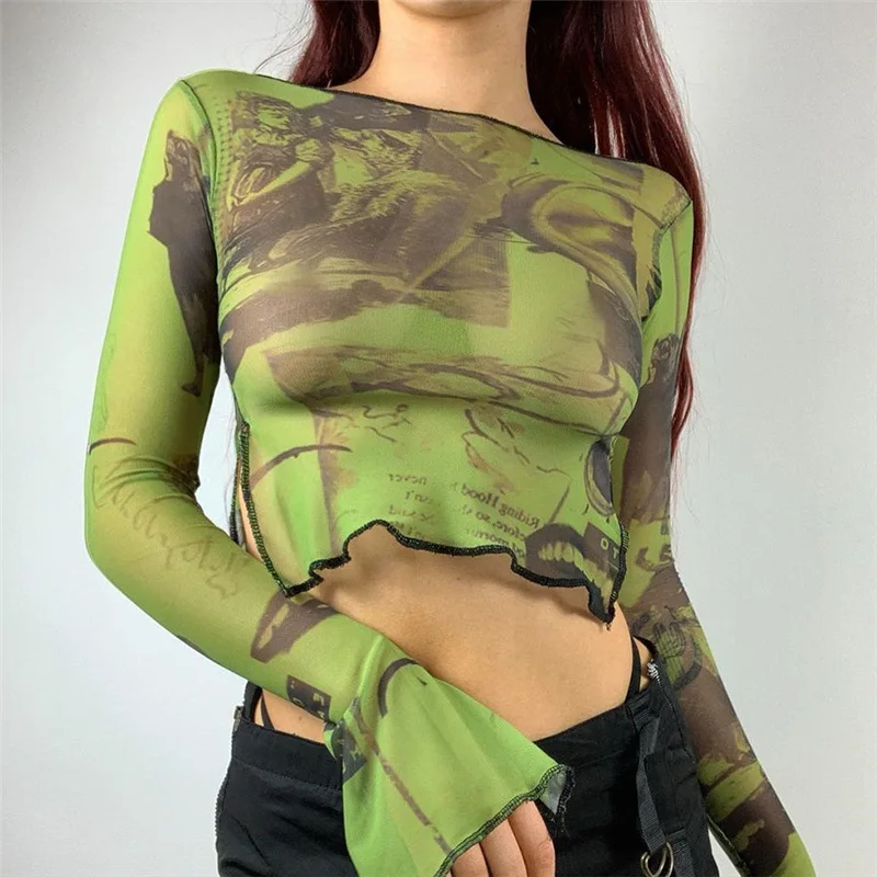 

Vintage Women Casual Summer Y2K Print Full Grunge Mesh Slit Flare Sleeve Slim T-Shirts Trend Skinny Tees Crop Top Streetwear