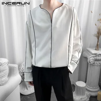 

2020 Fashion Men Shirt High Street V Neck Korean Long Sleeve Brand Blouse Color-block Loose Casual Chic Camisa Masculina INCERUN