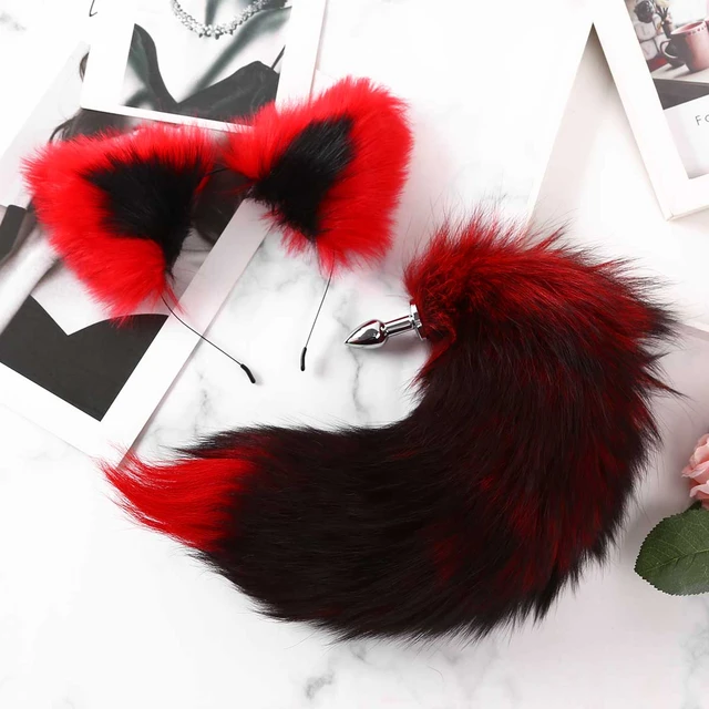 Brown White Faux Fur Fox Tail Plug and Ear Wolf Tail Buttplug and Ear  Kitten Ear and Tail Plug Set Curved Tail and Ear Plug Cosplay mature 