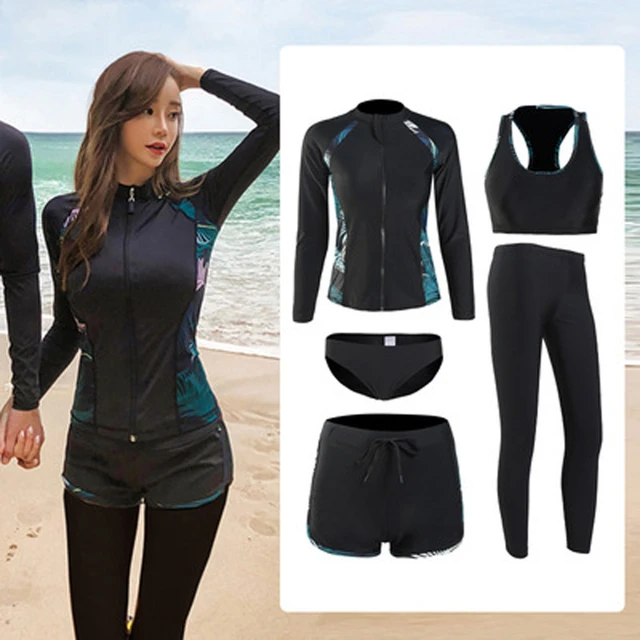 Women's 5pcs Rash Guard set Long Sleeve Active Tops and Bottoms Zip Shirt  Pants Bikini Rashguard Swimsuit Full Body Sun Suits