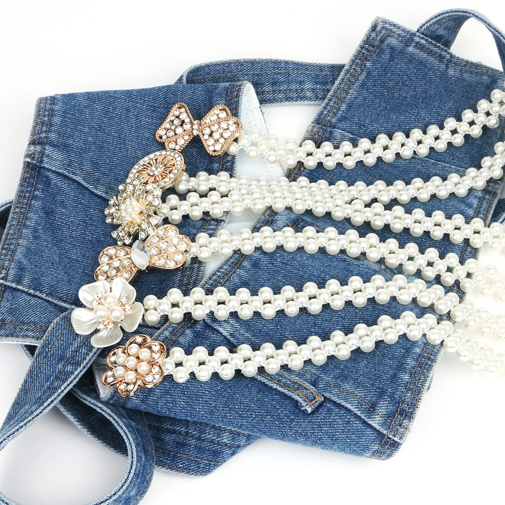 Elasticity Weave White Pearl Belt for ladies/girl beads Rhinestone strass Butterfly Flower Buckel rubber Weave Waist Decorative