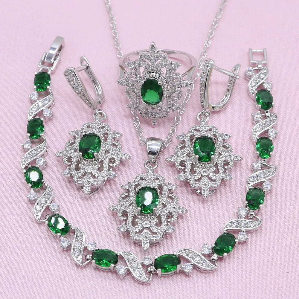 Новое поступление зеленый циркониевый 925 серебряные ювелирные наборы для женщин эксклюзивный браслет серьги ожерелье кулон кольцо Свадебные украшения