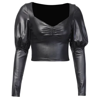 

PU Leather Shirts Women Spring Sexy Deep V Neck Abrigo De Piel Fashion Puff Long Sleeve Shirt Top Camisas Mujer Blusas Casaco