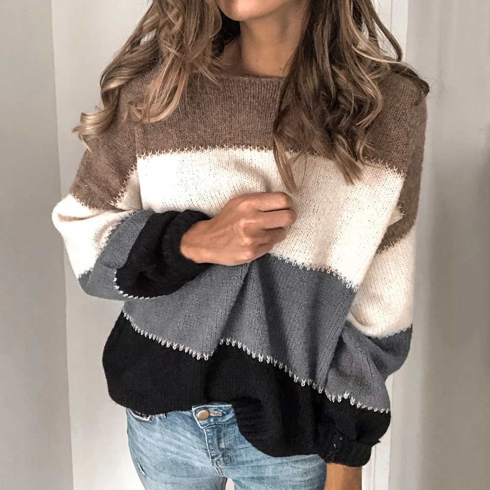 Women's Sweater Autumn And Winter Warm Knit Sweater Women Pullover Casual O-neck Long-sleeved Patchwork Striped Pullover 2020