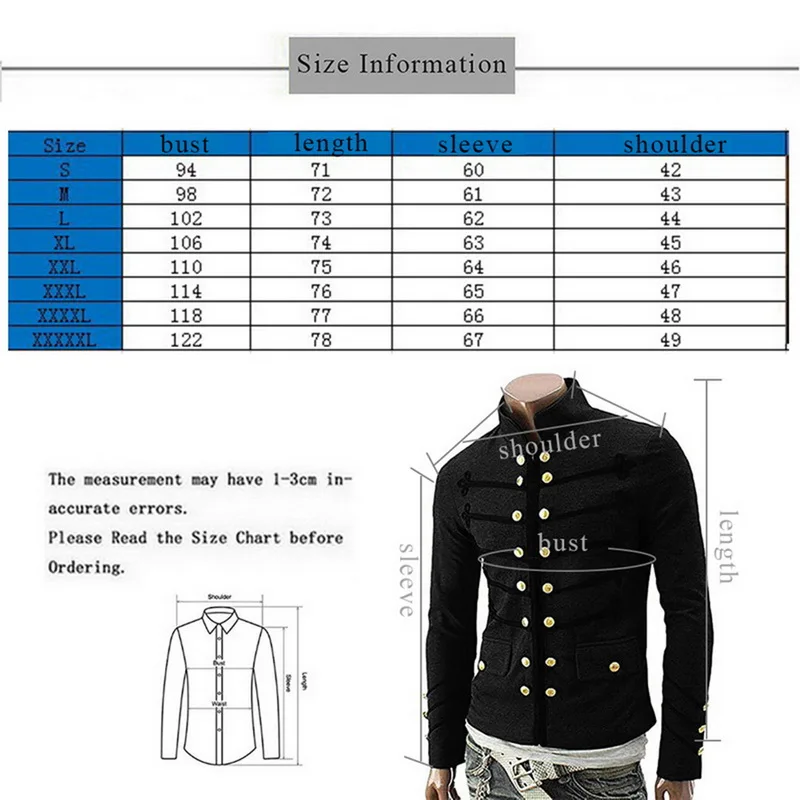 Men's Stand-Up Collar Gothic Jacket Coats Double Button Decorated Coats Uniform Costume Praty Coat Outwears Casual Streetwears