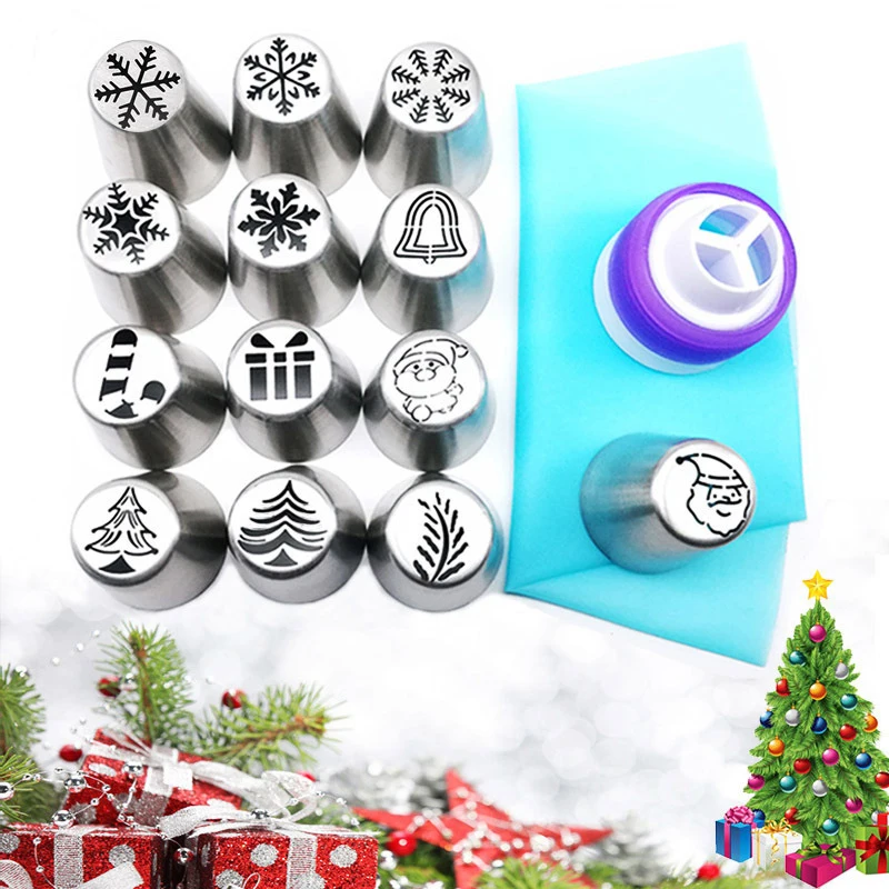 

13pcs Christmas Piping Nozzle Set with Pastry Bag and Coupler DIY Cream Pastry Tips Cupcake Decorating Tools