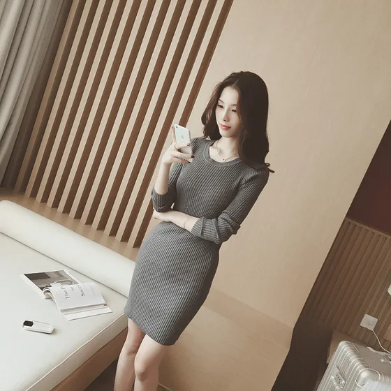 

Slimming Autumn Clothing South Korea New Style Solid Color Slim Fit Mid-length Base Pullover Knitting Shirt Women's