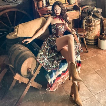 

Le Palais Vintage 2020 Origional Dress Denim Pattern Slim Knee-Length Sexy Strapless Ball Gown Women Slit Dresses with Bar Pad