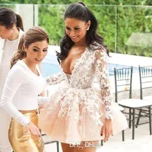 Сексуальное платье с глубоким v-образным вырезом, коротким рукавом свадебное платье Иллюзия с длинным рукавом и кружевной аппликацией, фатиновое платье для свадьбы мини Vestido De Novia