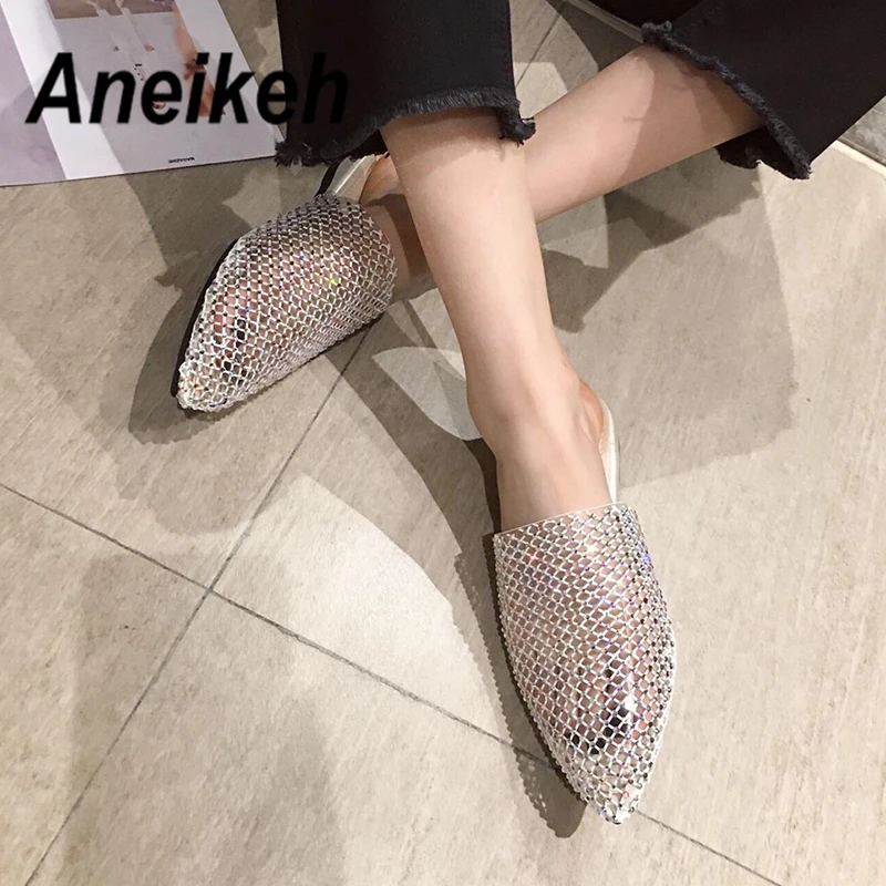 Silver Aneikeh; Новинка; блестящие стразы; женские шлепанцы из ПВХ на плоской подошве с острым носком без шнуровки; Модная элегантная повседневная женская обувь с ремешком на пятке; Mujer - Цвет: Silver