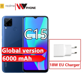 Перейти на Алиэкспресс и купить Realme C15 глобальная версия 4 Гб 64 Гб 6000 мАч батарея 13MP Quad Camera 6,5 ''полноэкранный 3 слота для карт Helico G35 Восьмиядерный