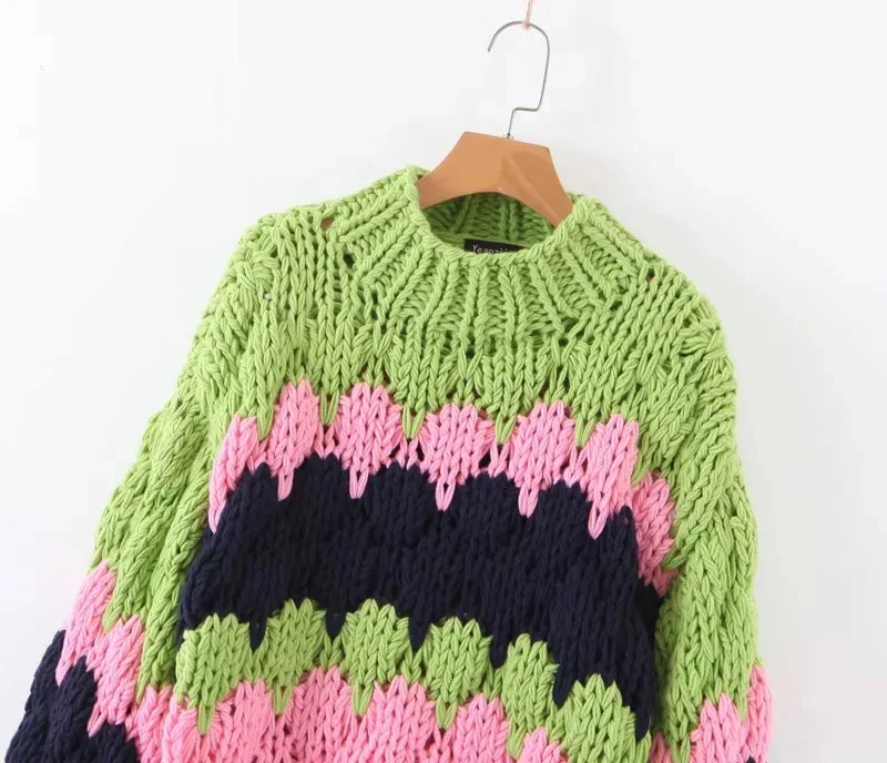 LTD1199197 цветной блокирующий ручной вязаный пуловер с длинными рукавами и круглым вырезом свободный женский свитер