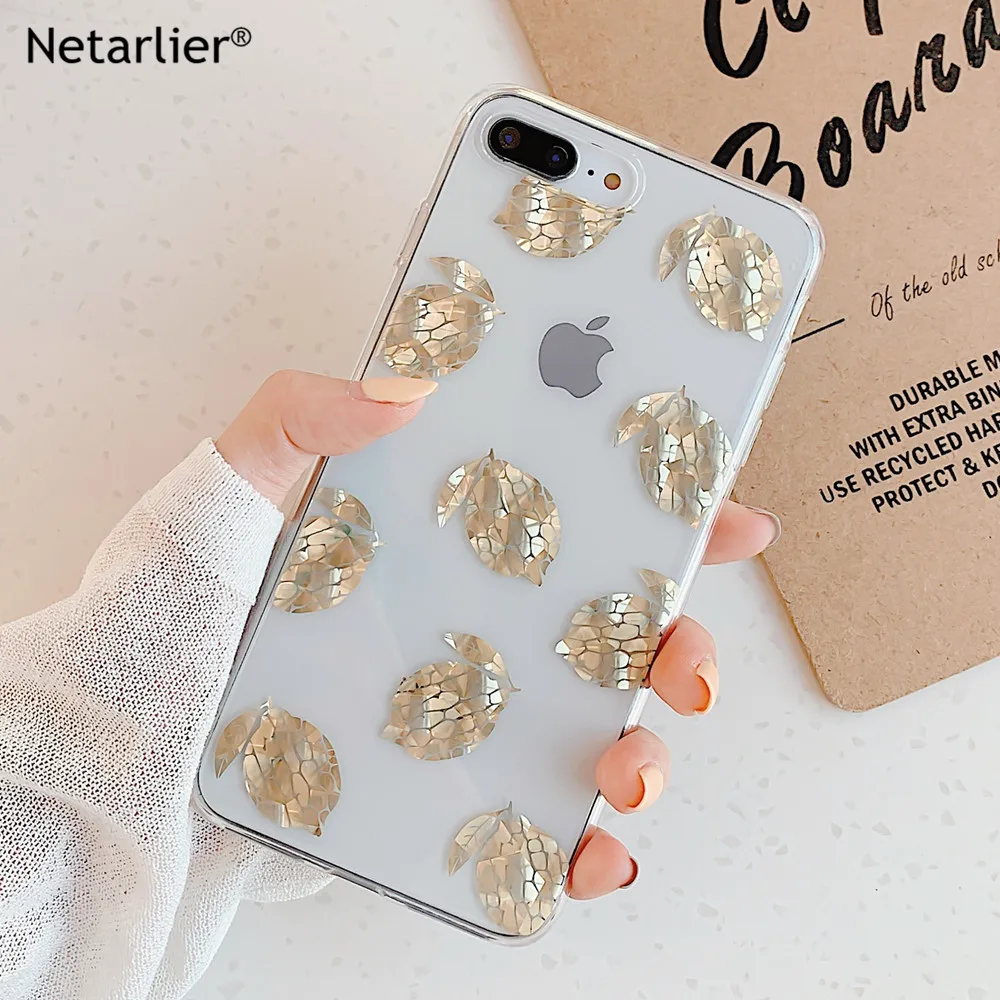 

Netarlier Clear IMD Case For iPhone8 7 Plus X XR Xs Max Electroplated Gold Lemon Fruits Design Lovely Glossy Fitted Case Cover