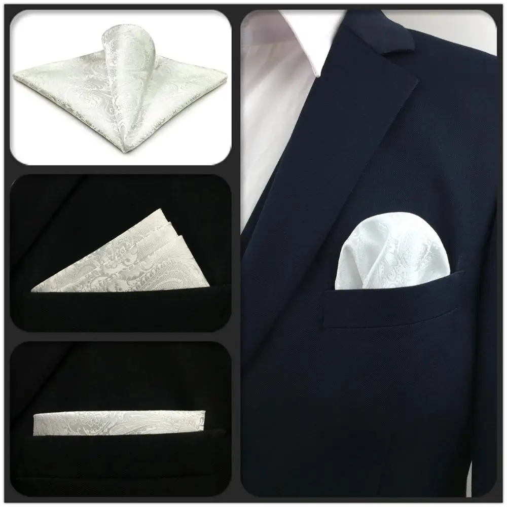 White Gray Paisley Mens Pocket Square Silk Luxury Handkerchief Classic