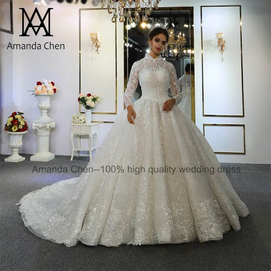 Платье для невесты, с высоким воротом, с кружевными аппликациями свадебное платье с длинным рукавом