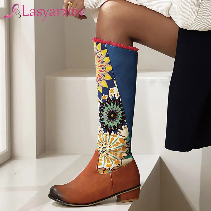 

Lasyarrow Woman Knee High Boots Chinese Style Block Heel Med Heels Platform Shoes Spring Autumn Thigh High Boots Riding Botas
