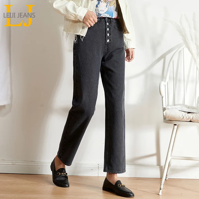 

LEIJIJEANS new No elastic high waist loose classic straight jeans five rows of buttons jeans pocket nail button cool girl jeans