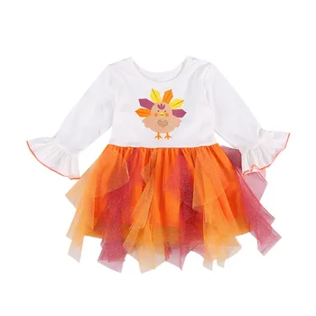 

Baby Girl Thanksgiving Turkey Printed A Line Layered Dress 1-6Y Kids Children Festival Casual Flare Sleeve Mesh Patchwork Dress