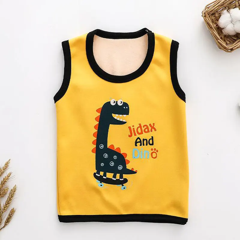 Новая детская футболка на осень и зиму для мальчиков и девочек 2-9 лет, толстый плюшевый модный жилет с рисунком динозавра из мультфильма - Цвет: HuangSeKongLong