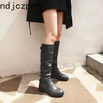 

Women's Boots The New Autumn And Winter belt buckle Round head zipper Low-heeled High tube Women's shoes plus size 33-46