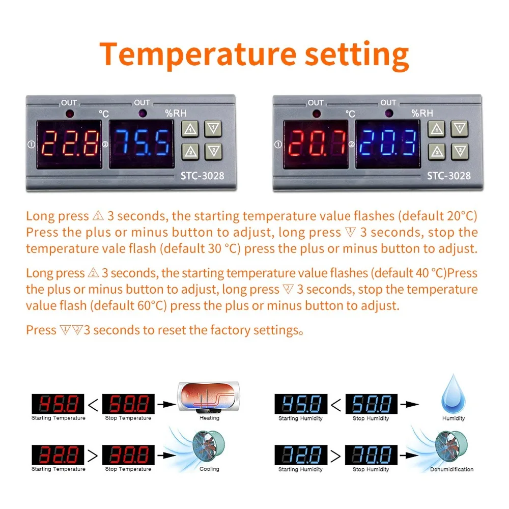 12V 24V 220V 10A STC-3028 цифровой измеритель температуры и влажности Термостат двойной дисплей термометр гигрометр Регулируемый 0~ RH