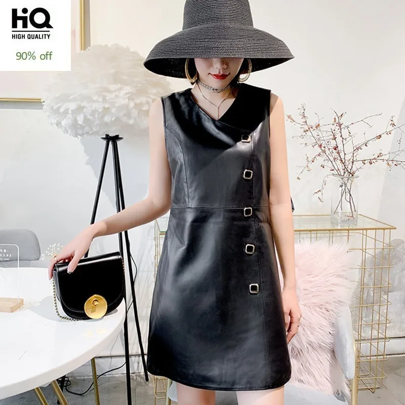 

Autumn Winter Ladies Real Leather Sleeveless Vest A-Line Dresses V-Neck Button Slim Sheepskin Plus Size Womens Streetwear Dress
